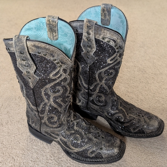 Corral Black Distressed Leather Square Toe Western Boots Bling Inlay - Picture 10 of 11